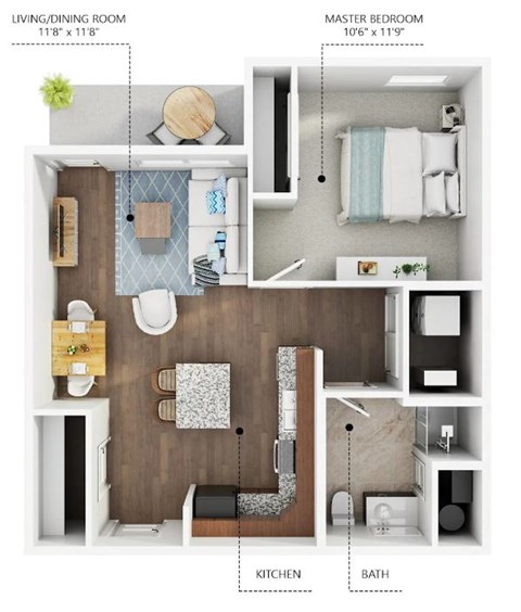 A diagram shows a living and dining room, a kitchen, a master bedroom, and a bathroom.